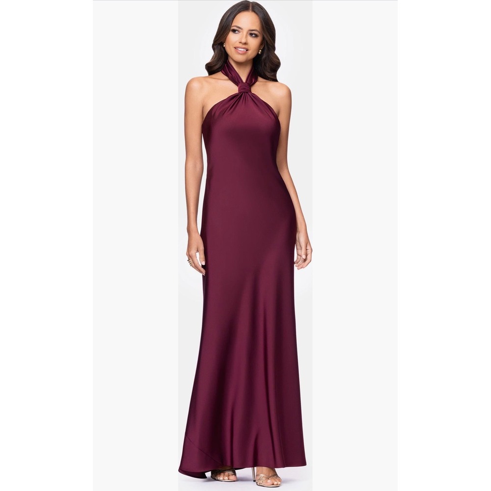 New! Betsy & Adam Esmerelda Satin Halter Neck Gown Wine Size 8 - Picture 5 of 8